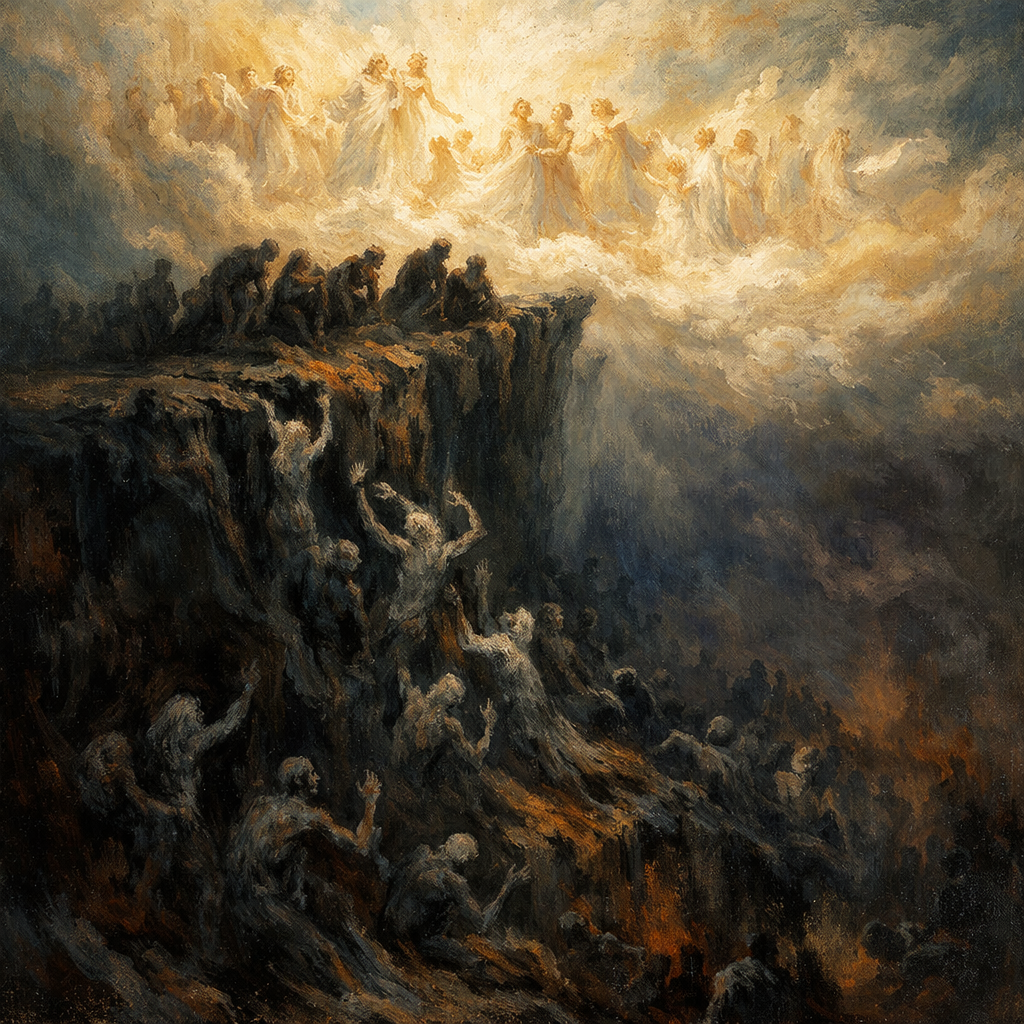 Oil painting of heavenly spirits above ignoring tortured souls on a dark cliff below