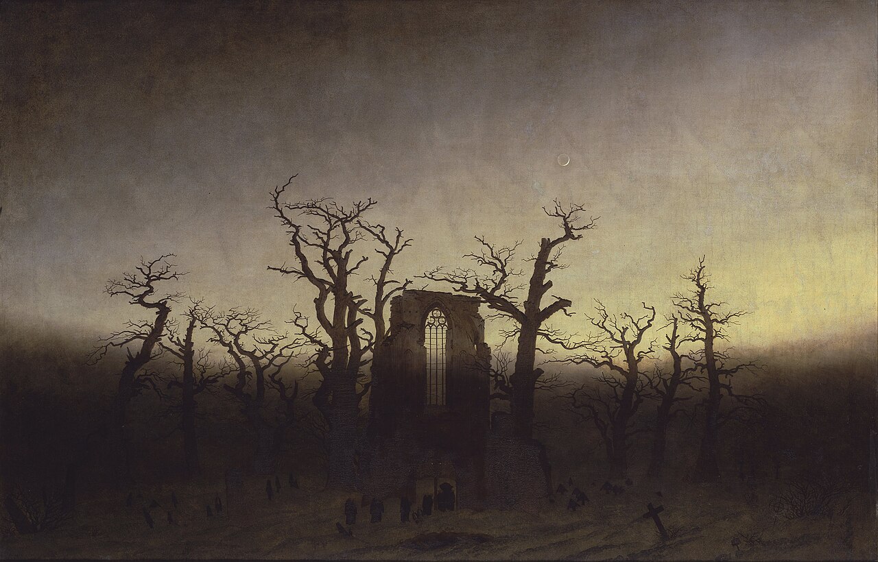 A ruined Gothic abbey among bare winter oaks at dusk, a funeral procession of monks approaching through the snow
