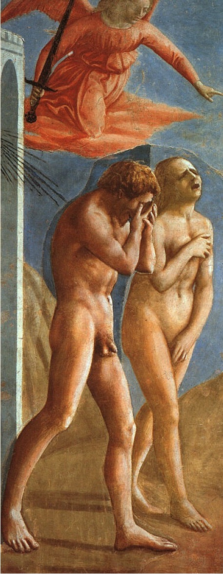 Two nude figures expelled from paradise — Adam covers his face in shame, Eve covers her body, their anguish raw and exposed