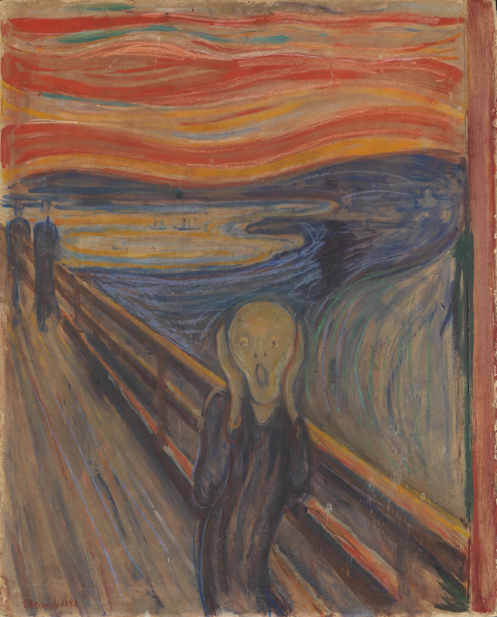 A figure on a bridge clutches its head in a silent scream as the sky writhes in red and orange — the landscape itself participating in the terror